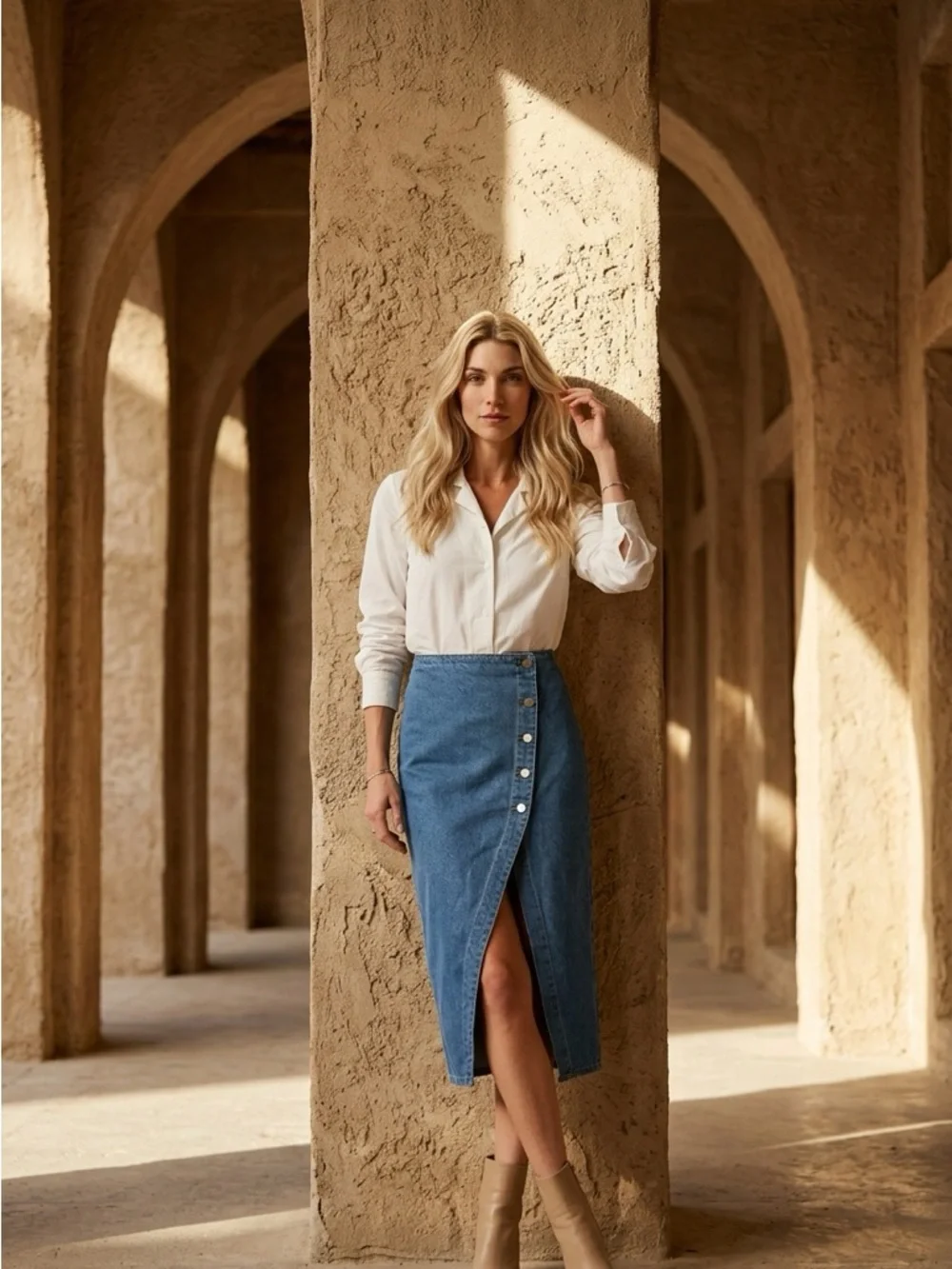 Idem Ditto Classic High-Waist Blue Denim Wrap Midi Skirt button sz s front slit
